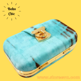 Boho Tie & Dye Evening Metal Clutch Sky Blue & Brown