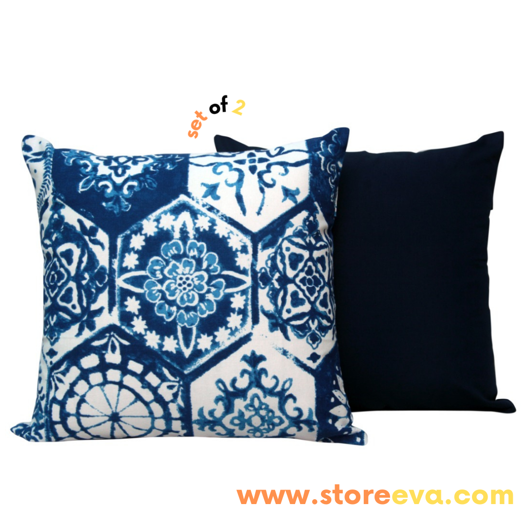 Handmade 100% Cotton Blue White Flower Cushion for Couch Vintage Cushion cover Set Of Two 16x16 Cushion Cover