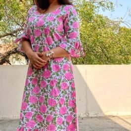 White base with fresh pink floral print with ruffles
