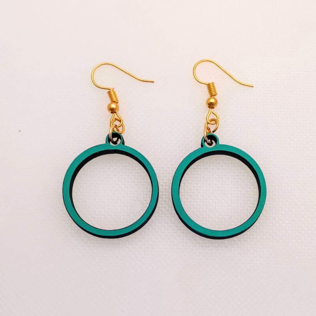 Wooden Ring Earrings - Teal