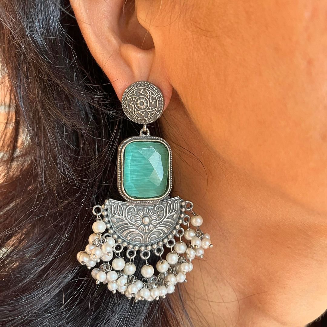 Maithreyi Teal Jhumka Earrings with Pearl Hangings - Image 2
